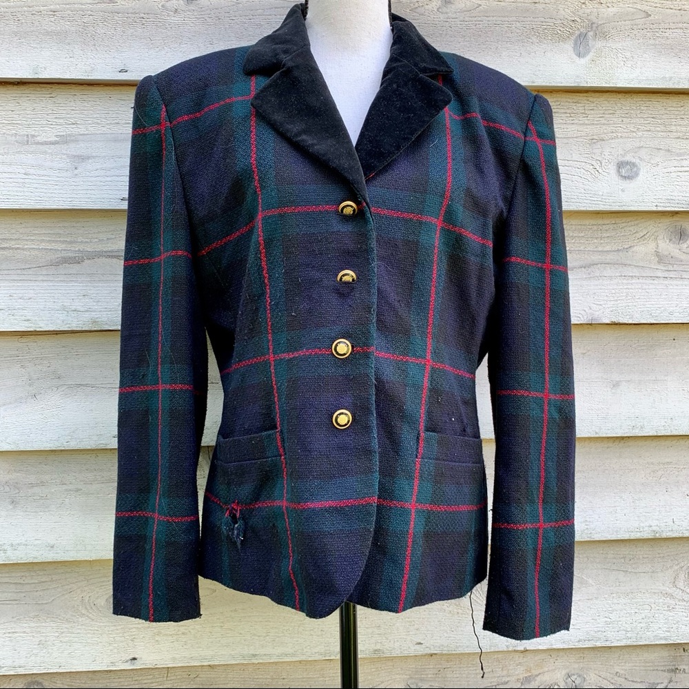 Vintage 80s Green Plaid Collared Velour V-Neck Button Down Long Sleeve Blazer